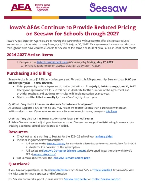 Iowa AEA & Seesaw partnership information