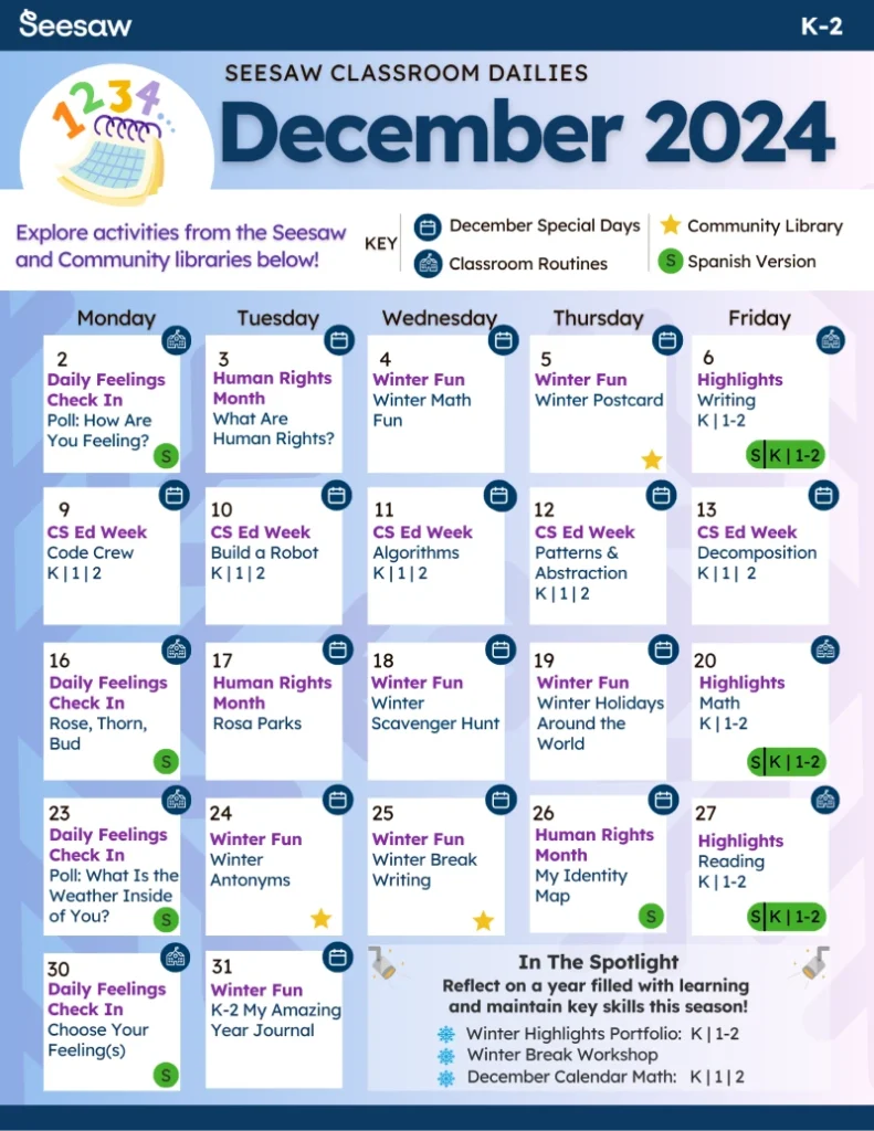 December 2024 Classroom Dailies K-2