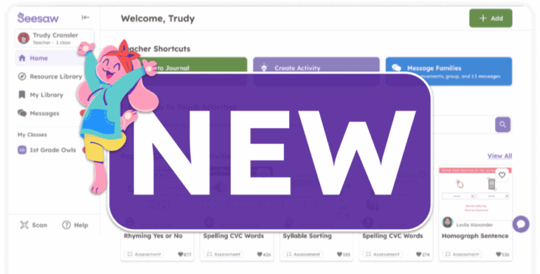 The word new overlaying the new teacher homepage for Seesaw