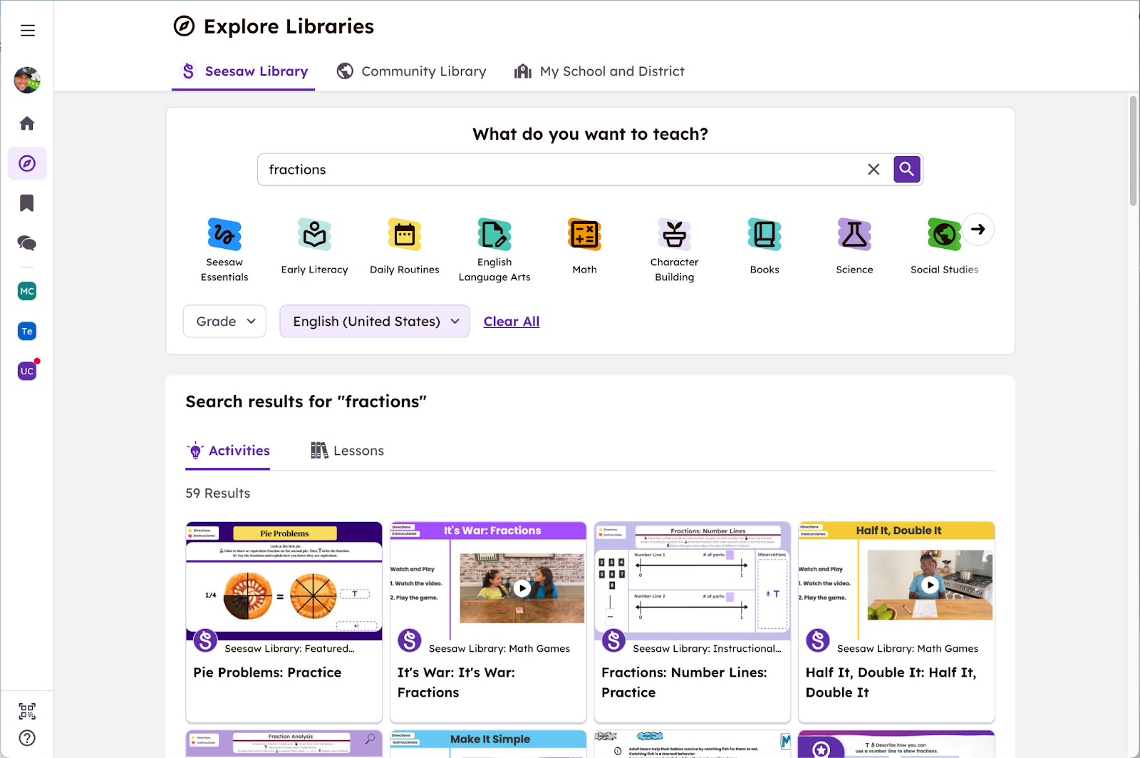 Seesaw's library with search results for fractions