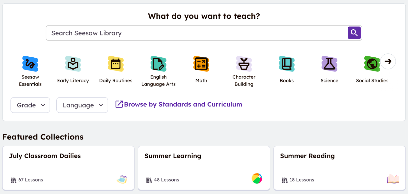 Seesaw's what do you want to teach? menu