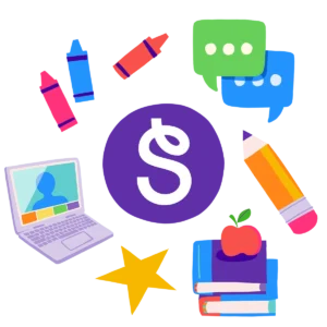 The Seesaw logo surrounded by school supplies, books, stars, and laptops.