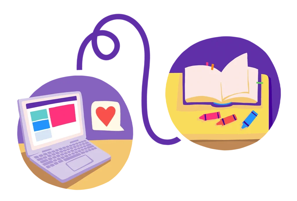 a laptop connects seesaw's learning loop to a student's textbook.