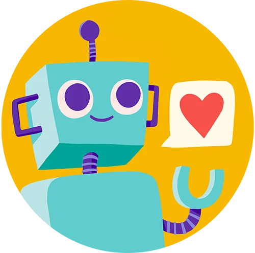 a small robot has a speech bubble with a heart in it