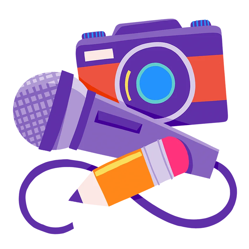 a camera, microphone, and pencil