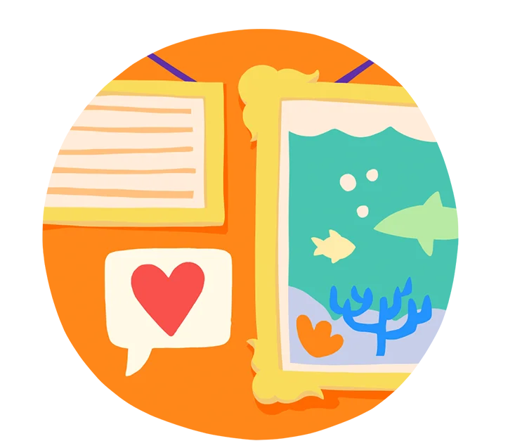 student writing and artwork hanging on the wall of a museum