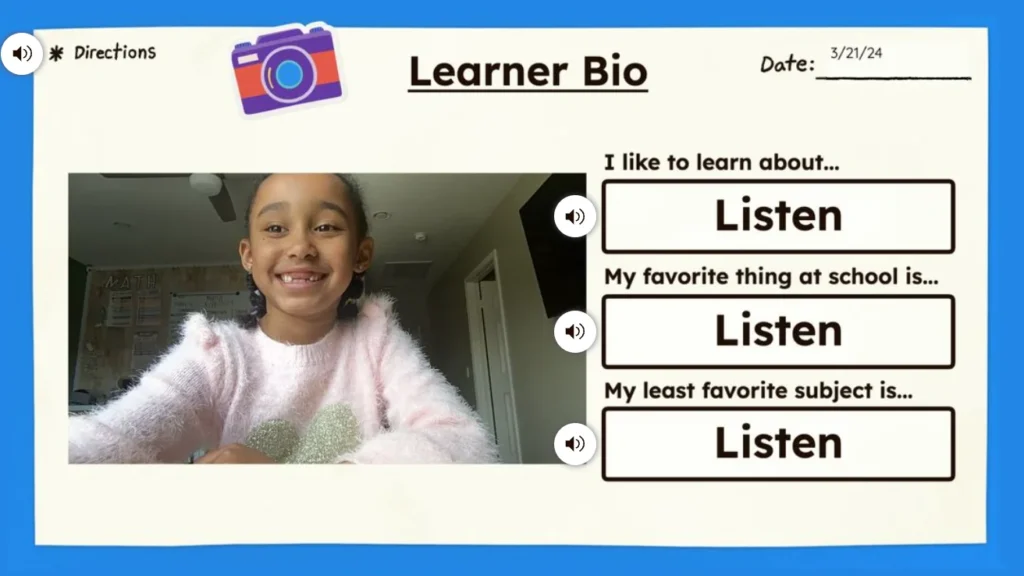 a Learner Bio reflection page showing student video and voice recordings