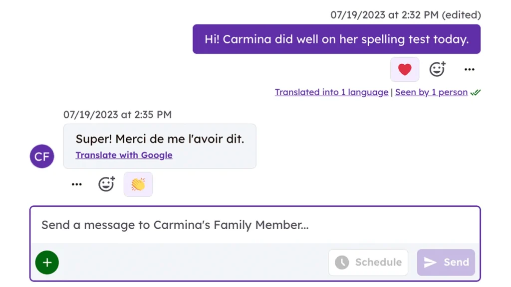 a chat message between a teacher and family, which has been translated into french for the family to understand.