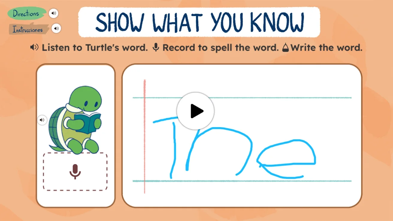 an activity prompts students to listen to a word and then record themselves saying and writing it