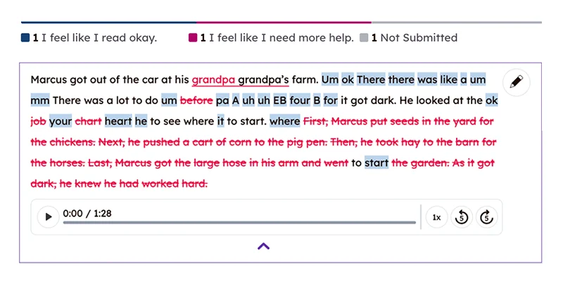 The reading fluency assessment tool automatically delivers insights on student reading.