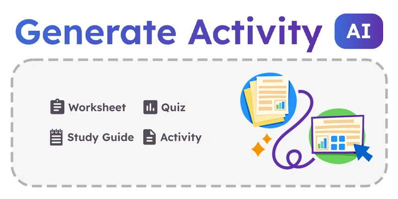a screenshot of the generate activity AI tool, prompting a teacher to create a worksheet, quiz, study guide, or activity
