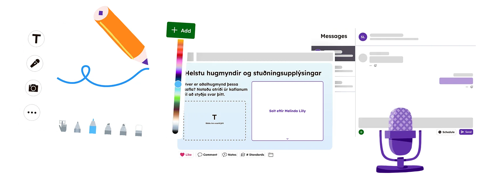 a series of screenshots showing the seesaw creative canvas, an activity, and messages interface