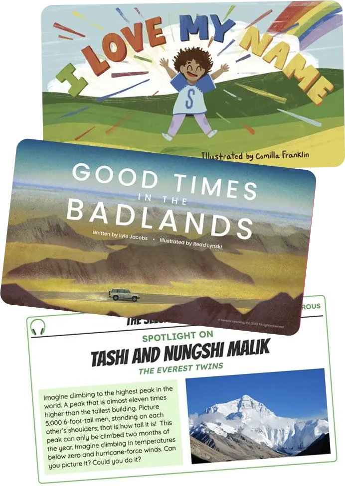 Three Seesaw lessons highlighting fiction and nonfiction books: I Love My Name, Good Times in the Badlands, and Tashi and Nungshi Malik: The Everest Twins.