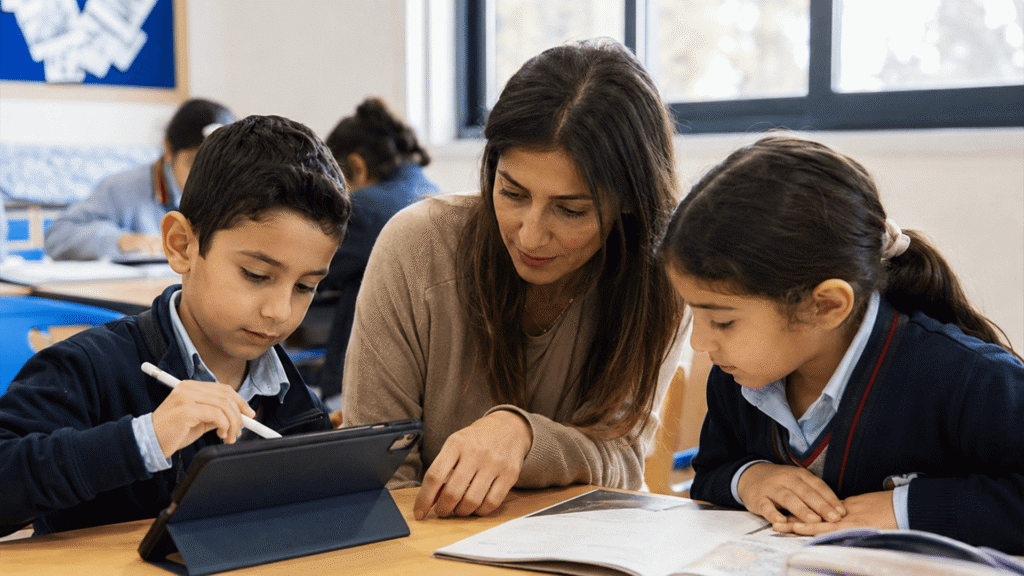 Arab female Teacher in with her students