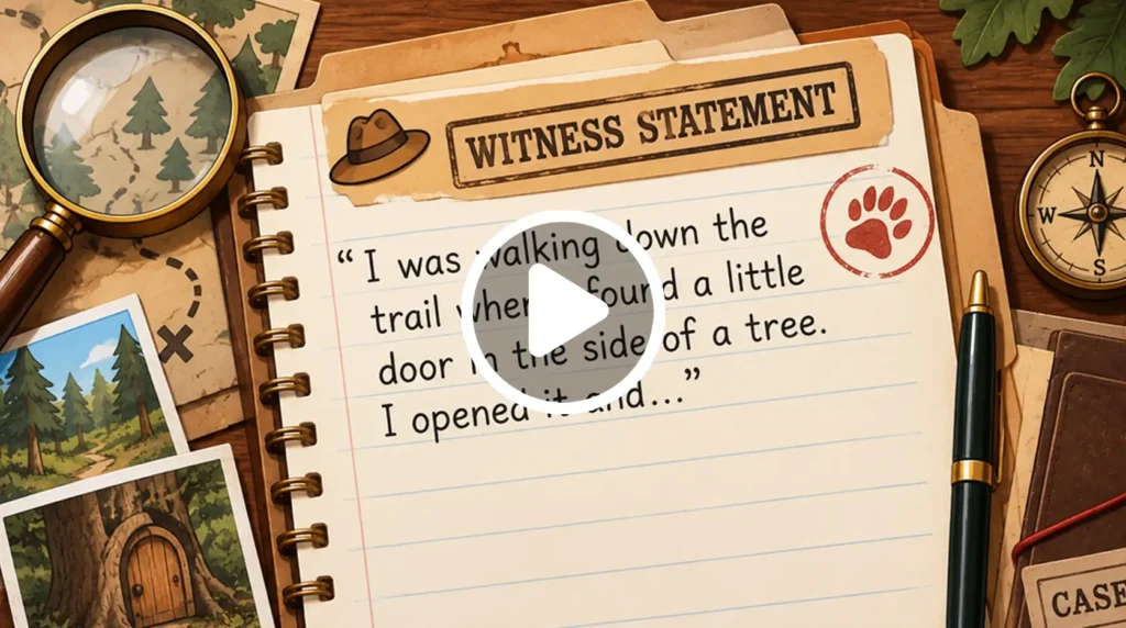 Video: Witness statement on a case folder reads “I was walking down the trail when I found a little door in the side of a tree. I opened it and...”