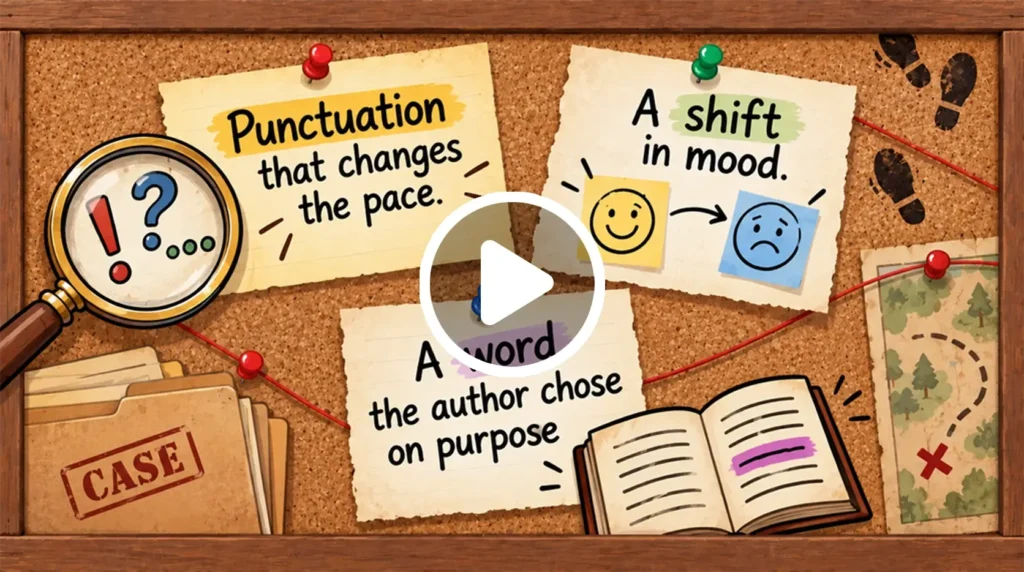 Video: Corkboard with three clue notes about an author’s voice: punctuation that changes the pace, a shift in mood from happy to sad, and a word the author chose on purpose.