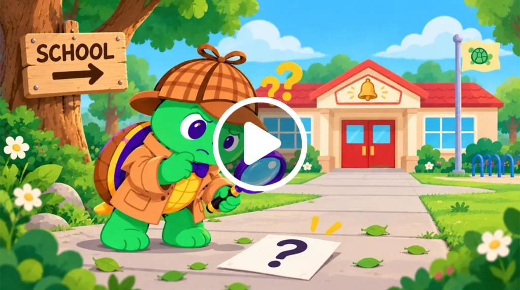Video: Detective turtle with a magnifying glass finds a paper with a question mark on the sidewalk outside a school.