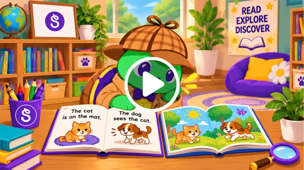 Video: Detective turtle studies an open picture book about a cat and a dog in a cozy reading room.