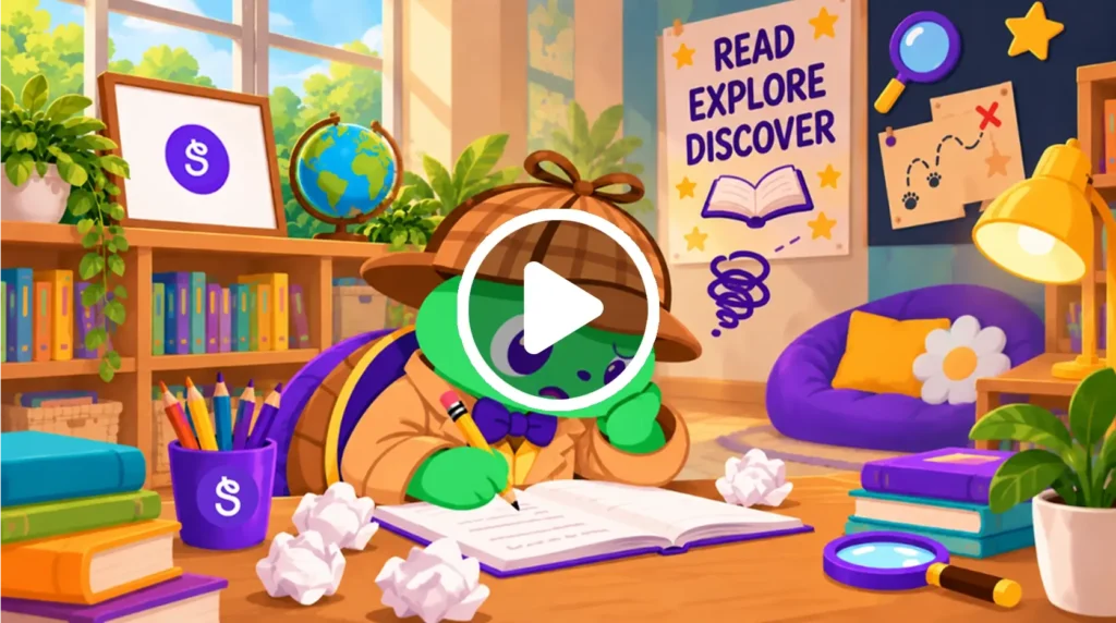 Video: Detective turtle looks stuck while writing in a notebook, surrounded by crumpled paper in a cozy reading room.